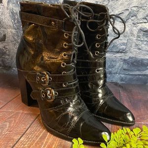 Linea Paolo Laceup Patent Strappy Heeled Ankle Boots